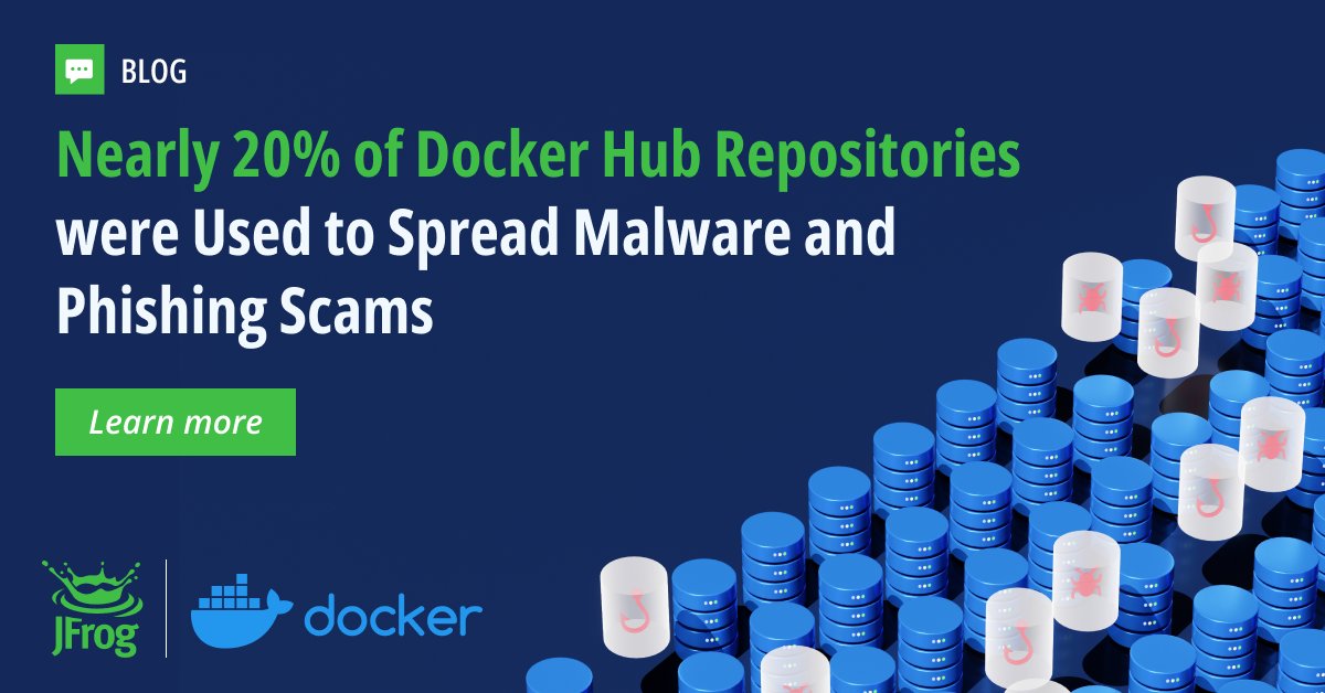 🚨 Nearly 20% of Docker Hub repos are used to spread #malware & #phishing scams. Our #Security Research team reveals 3 large-scale malware campaigns targeting #Docker Hub, like planting millions of “imageless” repos w/ malicious metadata. Learn more: jfrog.co/44lhtIV