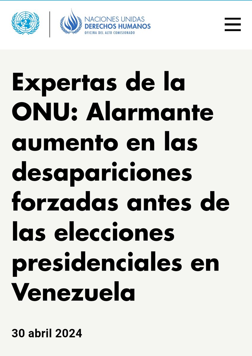 Para ONU, desde diciembre pasado se ha incrementado de manera alarmante la ya existen desde hace años persecución en Venezuela. «Expertas de la ONU: Alarmante aumento en las desapariciones forzadas antes de las elecciones presidenciales en Venezuela'» ohchr.org/es/press-relea…