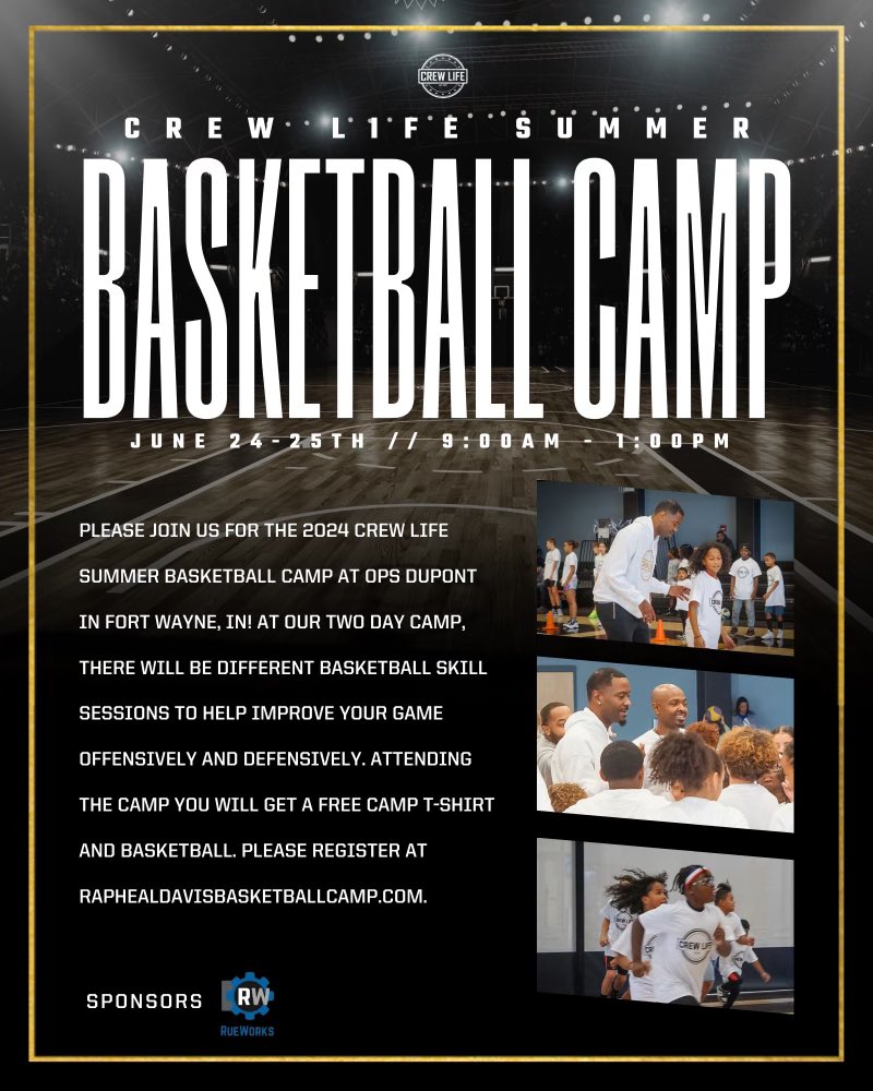 We are currently searching for camp sponsors!! If you are interested in helping with T-shirts, lunch, water, or basketballs for the kids, please DM me. If you would like to become an official camp sponsor and add your logo to the back of our camp shirts please DM. #CrewLife