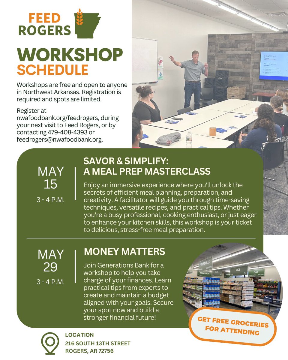 The May Mobile Pantry and Feed Rogers Workshop Schedules are now available. Please share this info with your neighbors!

We ask that you visit one Mobile Pantry per month.

#FeedingNWA