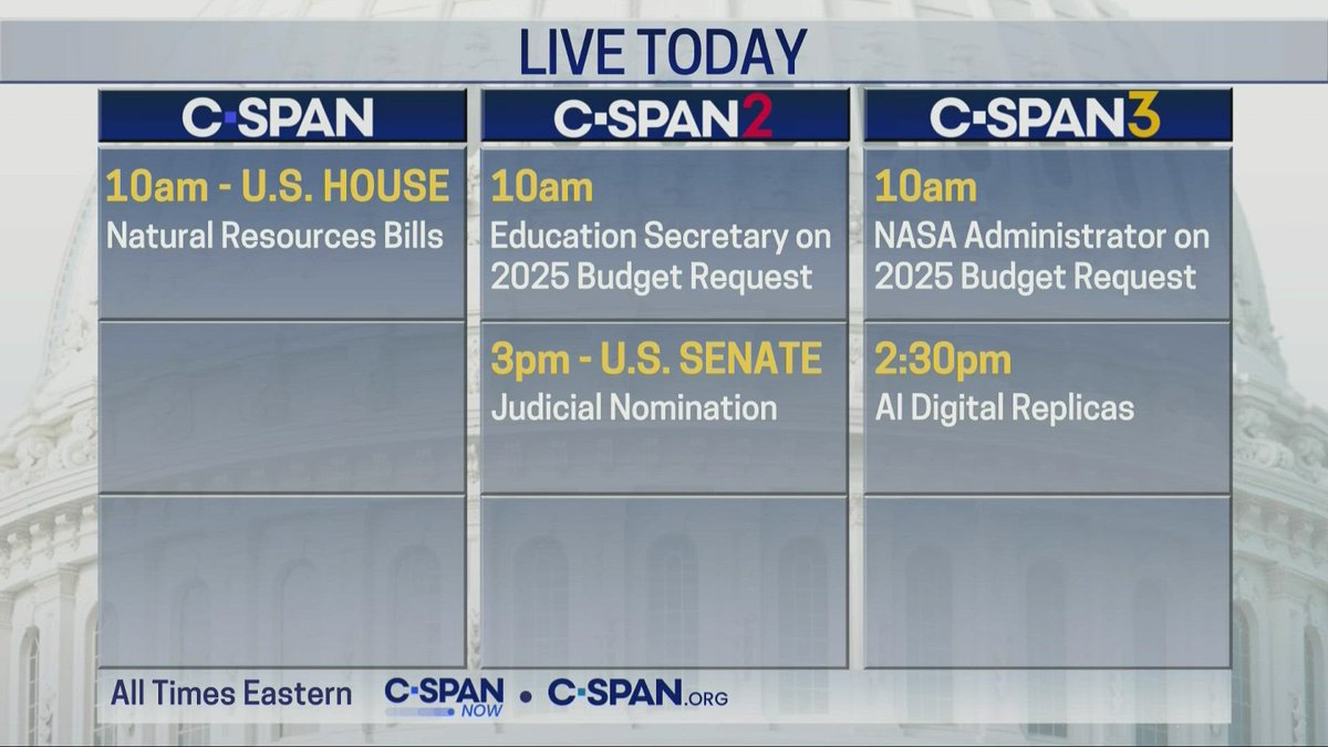 Today on C-SPAN:
10:00am - U.S. House

C-SPAN2:
10:00am - Education @SecCardona testifies at @senateapprops @AppropsGOP  
3:00pm - U.S. Senate 

C-SPAN3:
10:00am - @NASA Administrator @SenBillNelson testifies at @housescience @sciencedems  
2:30pm - Senate @JudiciaryDems…