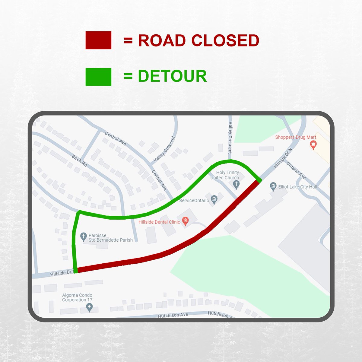 Please Be Aware The closure of Hillside Dr. N. between Spruce Avenue and Beech Road has been extended. That portion of road will now be closed until further notice.