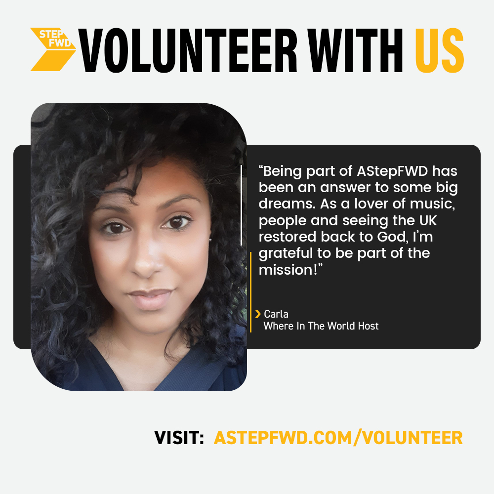 “Being part of AStepFWD has been an answer to some big dreams. As a lover of music, people and seeing the UK restored back to God, I’m grateful to be part of the mission!” -Carla Join us today >>> astepfwd.com/volunteer/