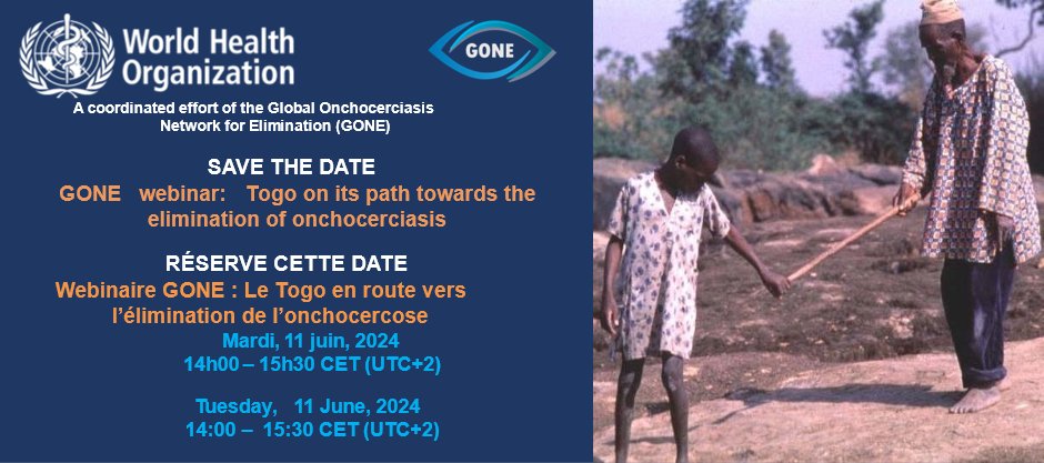 Save the date for the #GONE webinar: 'Togo on its path towards the elimination of onchocerciasis,' Tuesday, 11 June, 14:00-15:30 CET (UTC+2) and find out how the country is moving closer to eliminating #onchocerciasis. Registration info coming soon. #beatNTDs #StampOutOncho