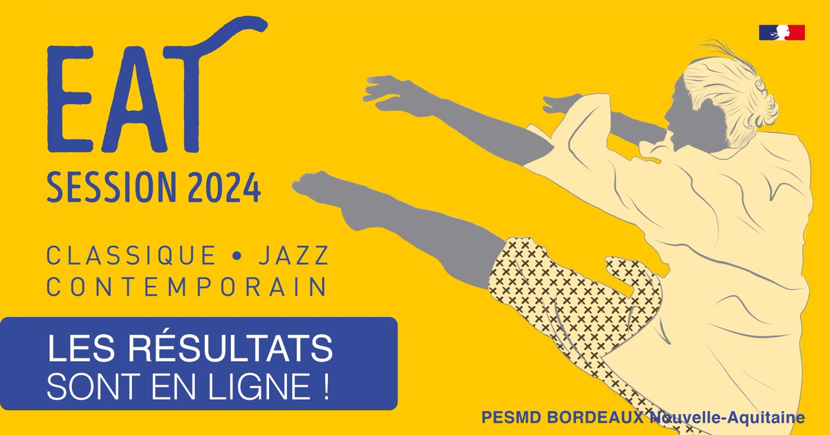 [#EAT2024]
Bilan 2024 de l'Examen d'Aptitude Technique prérequis pour l'entrée en formation au DE #danse organisé par le <a href="/PESMD_Bordeaux/">PESMD</a> pour le compte du <a href="/MinistereCC/">Ministère de la Culture 🇫🇷</a>  : 
297 inscriptions enregistrées>164 retenues en phase d'admissibilité > 91 admises👇👇
pesmd.com/fr/content/eat…