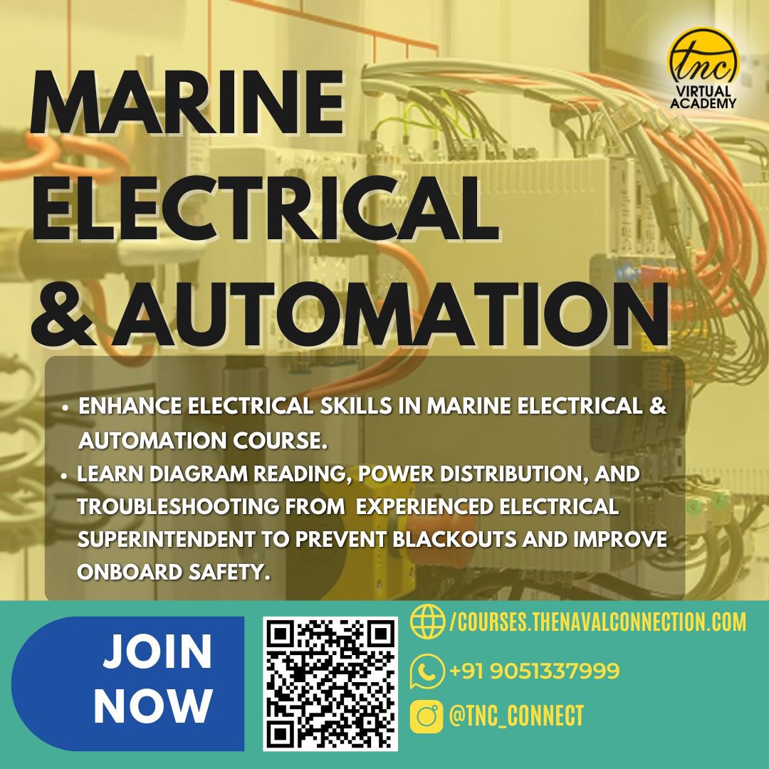🔌 Navigate complex electrical systems aboard with our Marine Electrical & Automation Course! Develop crucial skills in reading electrical drawings, understanding power distribution, and troubleshooting faults to prevent blackouts. #marineengineering #electricalsafety