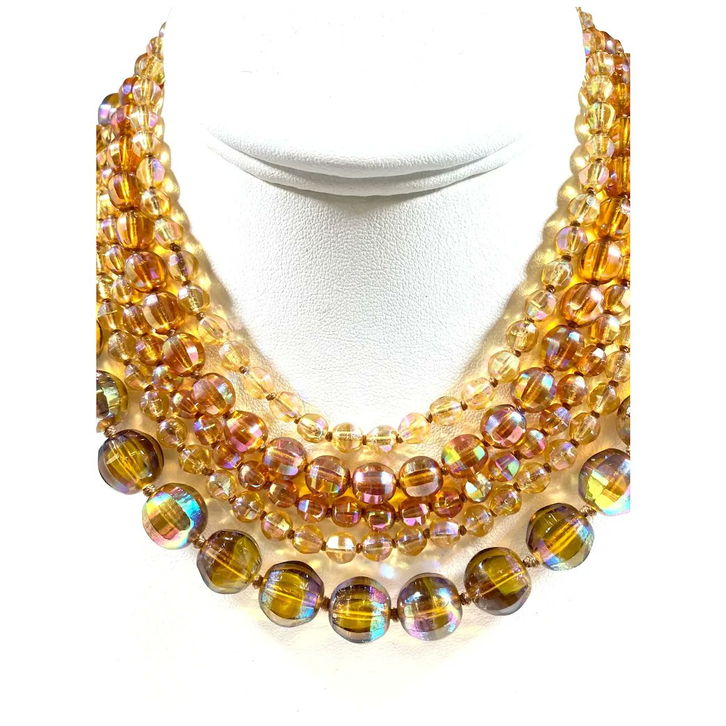 Five Strand Aurora Citrine Brown Glass Beaded Statement Choker Necklace
#rubylane #vintage #retro #beads #glass #necklace #giftideas #jewelryaddict #vintagebeginshere #givevintage  
rubylane.com/item/136230-E1…