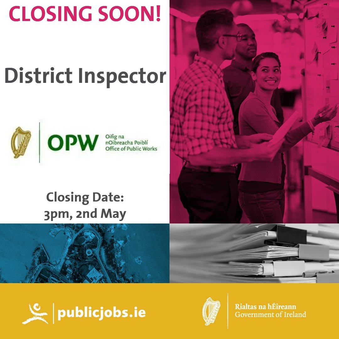 CLOSING SOON! This Thursday 2nd May is the deadline for applications for the position of District Inspector in the Office of Public Works. Don't miss out—apply now!! 👉bit.ly/TW_Org_DIOPW #CareersThatMatter