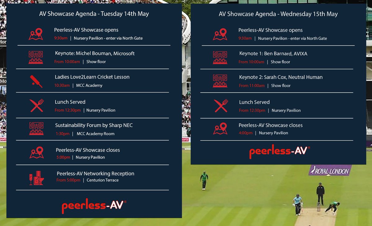 🗓️#TheAVShowcase Agenda 🗓️Where will you be 14th & 15th May #avtweeps? Here's why Lord's is THE place! View the timetable & register here: lnkd.in/edyPRTsK

🏏 Two days
🏏 50+ brands
🏏 Education sessions 
🏏 Sustainability Forum
🏏 Love2Learn 
🏏 Networking reception