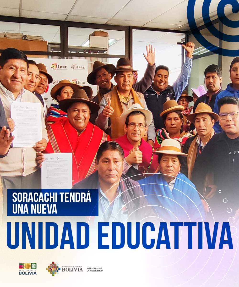 Gracias al convenio firmado entre nuestra @UPRE_Bolivia y el municipio de Soracachi en #Oruro, las niñas, niños y adolescentes de esta región contarán con la nueva unidad educativa Mariscal Andrés de Santa Cruz Secundario – Huayña Pasto Grande.

#UnidosRumboAlBicentenario