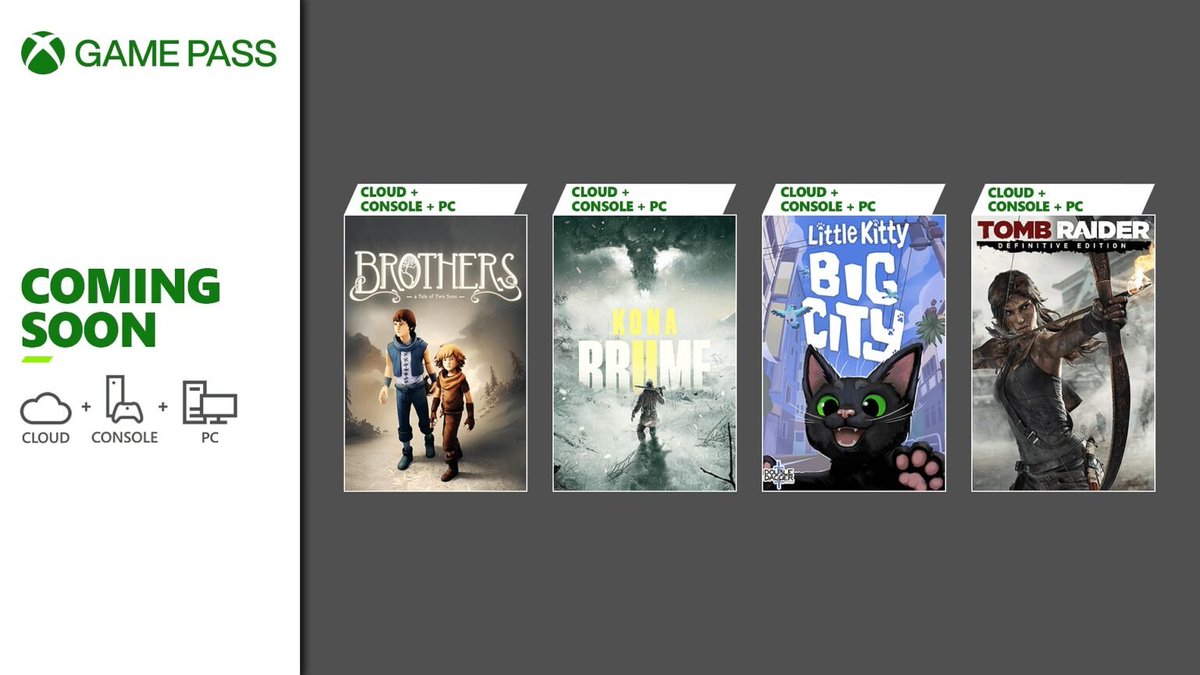 Xbox Game Pass'e Mayıs ayında gelecek oyunlar açıklandı.

🚀Tomb Raider: Definitive Edition | 2 Mayıs
📌Kona II: Brume | 7 Mayıs
🚀Little Kitty, Big City | 9 Mayıs
📌Brothers: A Tale of Two Sons | 14 Mayıs #PCGamePassPartner