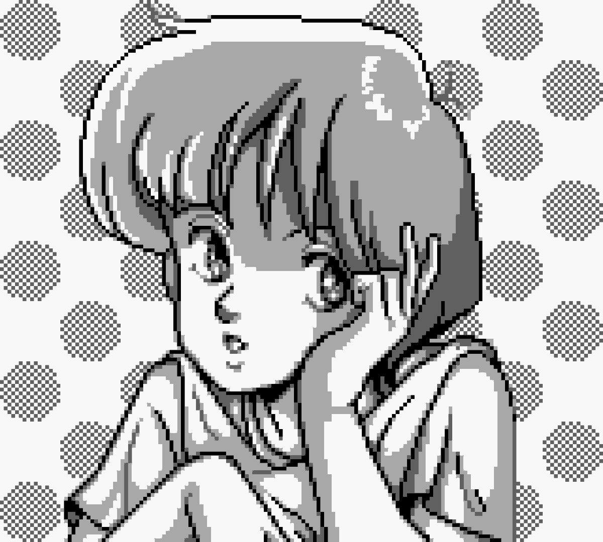 GB『パズニック』(1990) ▷ご褒美CGの女の子（名前不明） 同じ柄のブロックを並べて消していくパズルゲーム。10面クリア（※リトライ10回以内）毎に見られる1枚絵の女の子が、ゲームボーイとは思えないレベルで異常にカワイイ。ご褒美CG全6枚の内、この子が一番好き #ドットギャル
