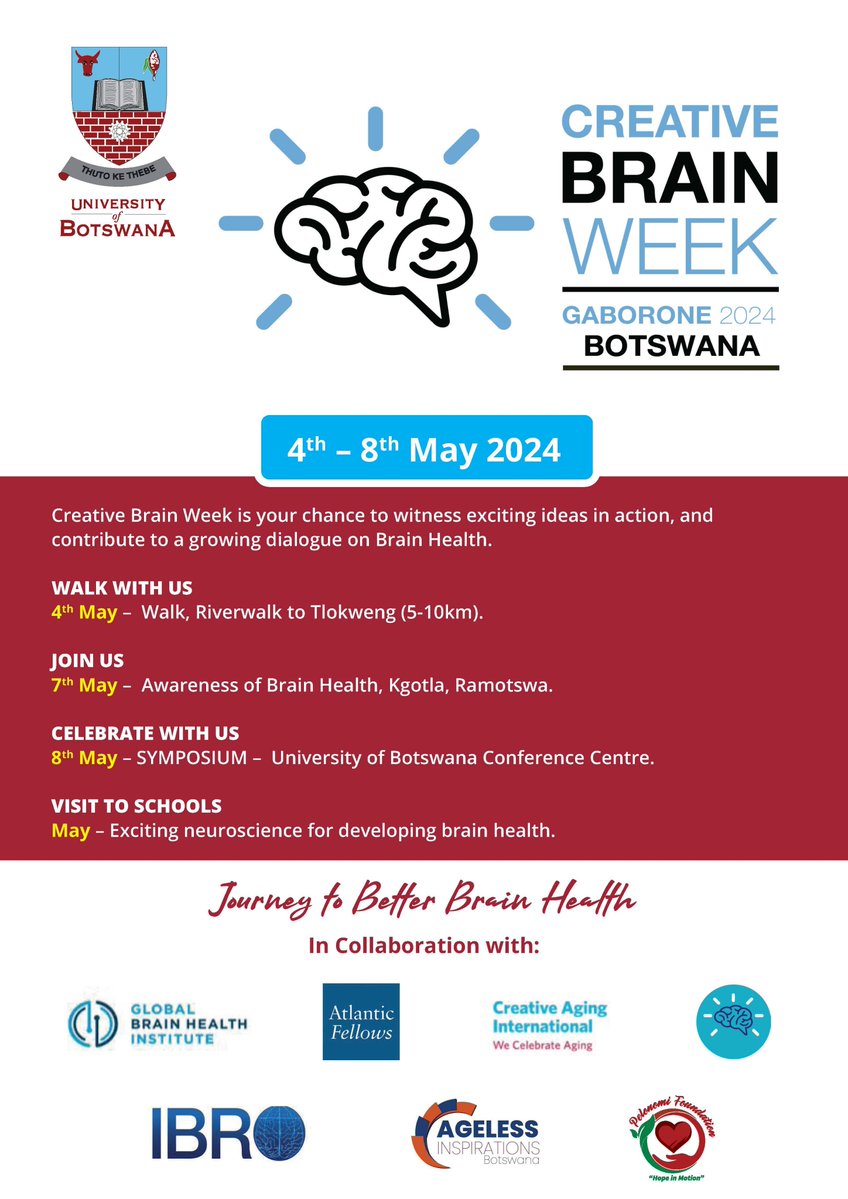 While @CreativeBrainWk Gaborone brings scientists & artists, traditional knowledge & new learning, together in entertaining examinations of how brain science & creativity collide Join us in exploring how creativity in Botswana can support the #brainhealth of the nation