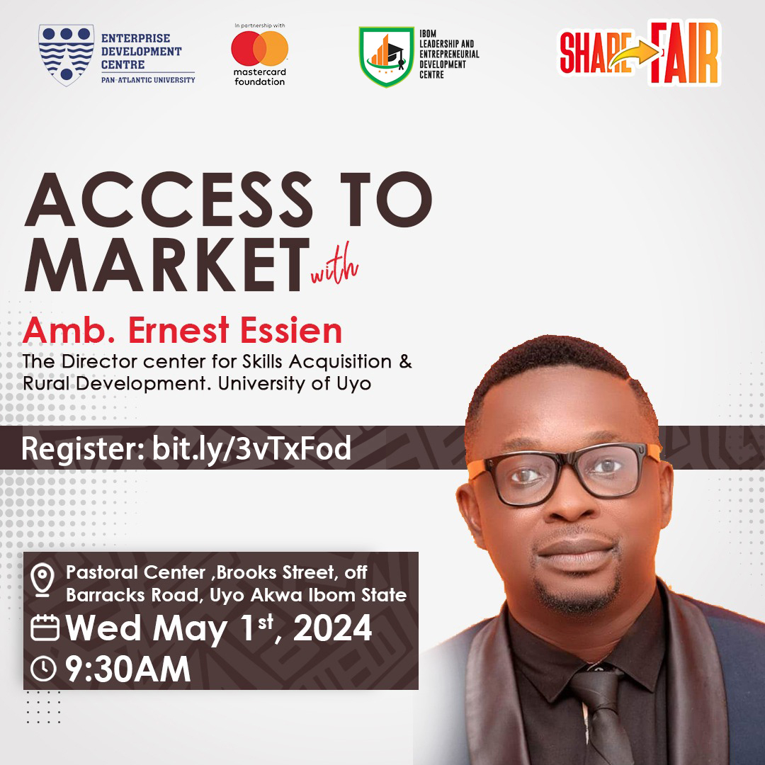 Join us for the Transforming Nigerian Youths program with Ibom Leadership and Entrepreneurial Development Centre featuring Amb. Ernest Essien on 'Access to Market.' 🚀 Location: Pastoral Center, Uyo. Date: May 1st, 2024, Time: 9:30 am. Register: bit.ly/3vTxFod. #EDCShare