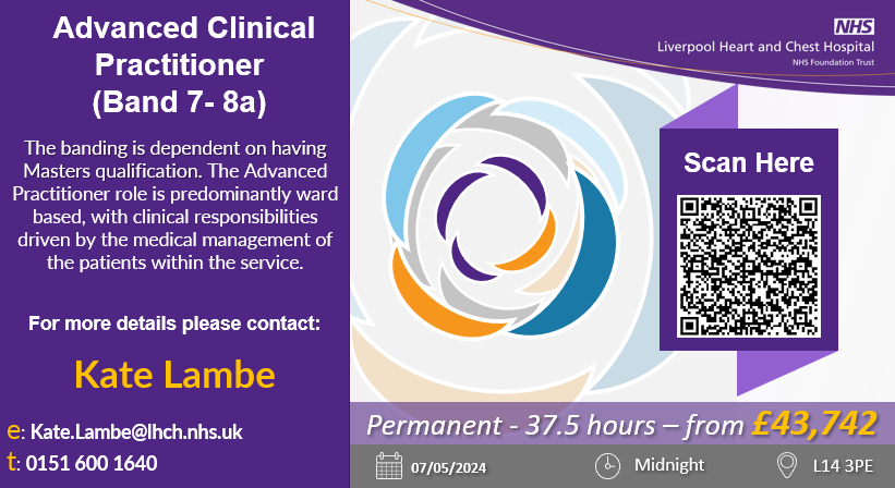 LHCHCareers's tweet photo. Do you have excellent clinical experience and looking for the next step in your Career?  We are looking to recruit an Advanced Clinical Practitioner to join our established Surgical Advanced Practitioner team at @LHCHFT To Apply follow the link or QR code. https://t.co/JMzD7q6M8i https://t.co/R0a3qZsr9W