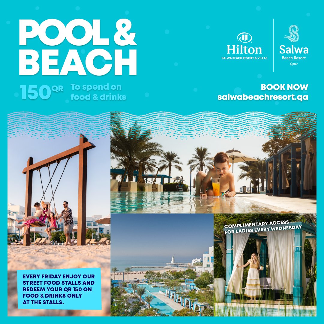 Dive into luxury and unwind at the pool and private beach! With stunning views and crystal-clear waters, it's the perfect escape for a day of relaxation with loved ones. Plus, enjoy delicious food and drinks with QR150 fully redeemable. @HiltonSalwa