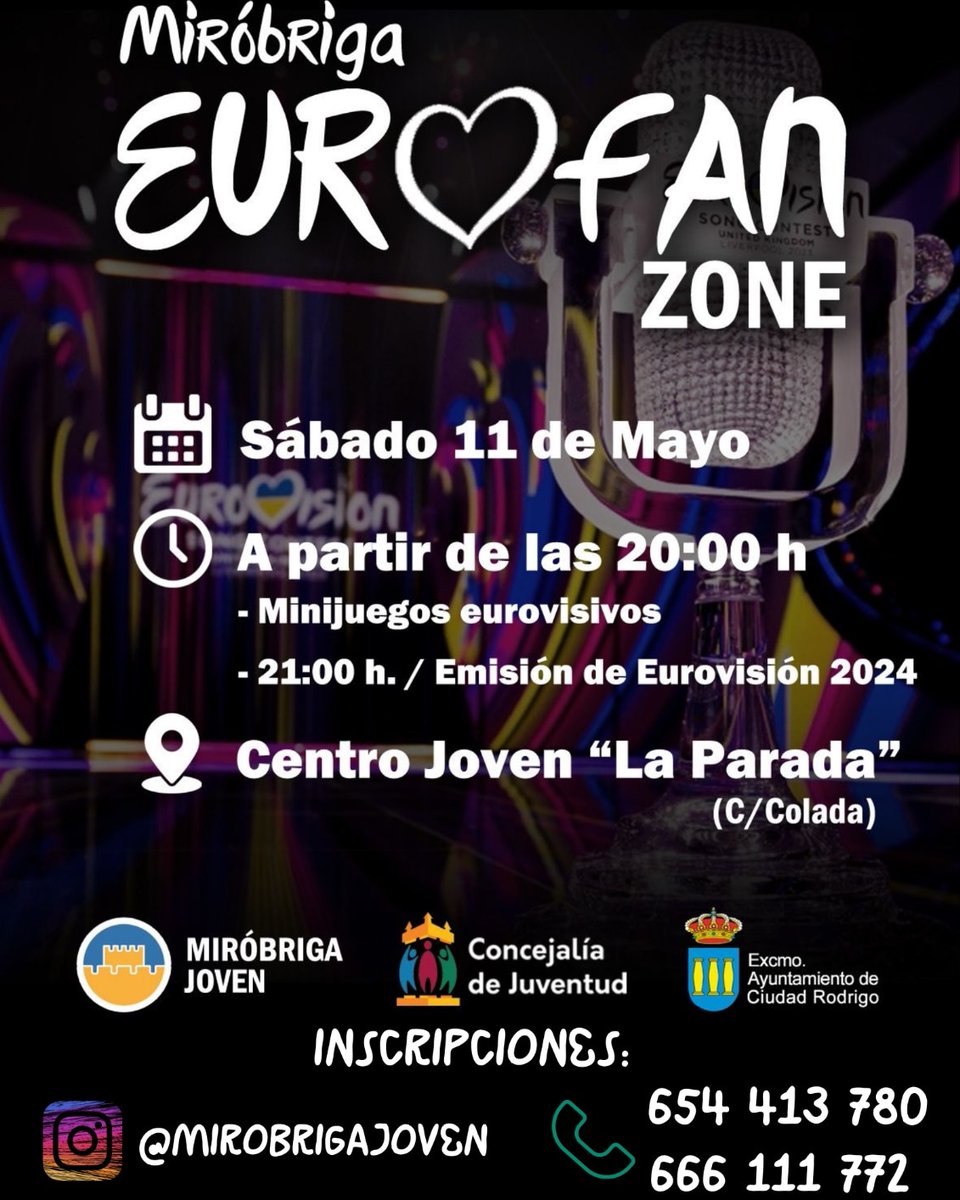 ¡Hola! El día 11 de mayo es la final de Eurovisión y en Ciudad Rodrigo hemos creado un espacio Eurofan para poder verla y compartir un buen rato 😍. Si podéis compartir para que llegue a más gente, os lo agradezco 💖 Gracias 💕