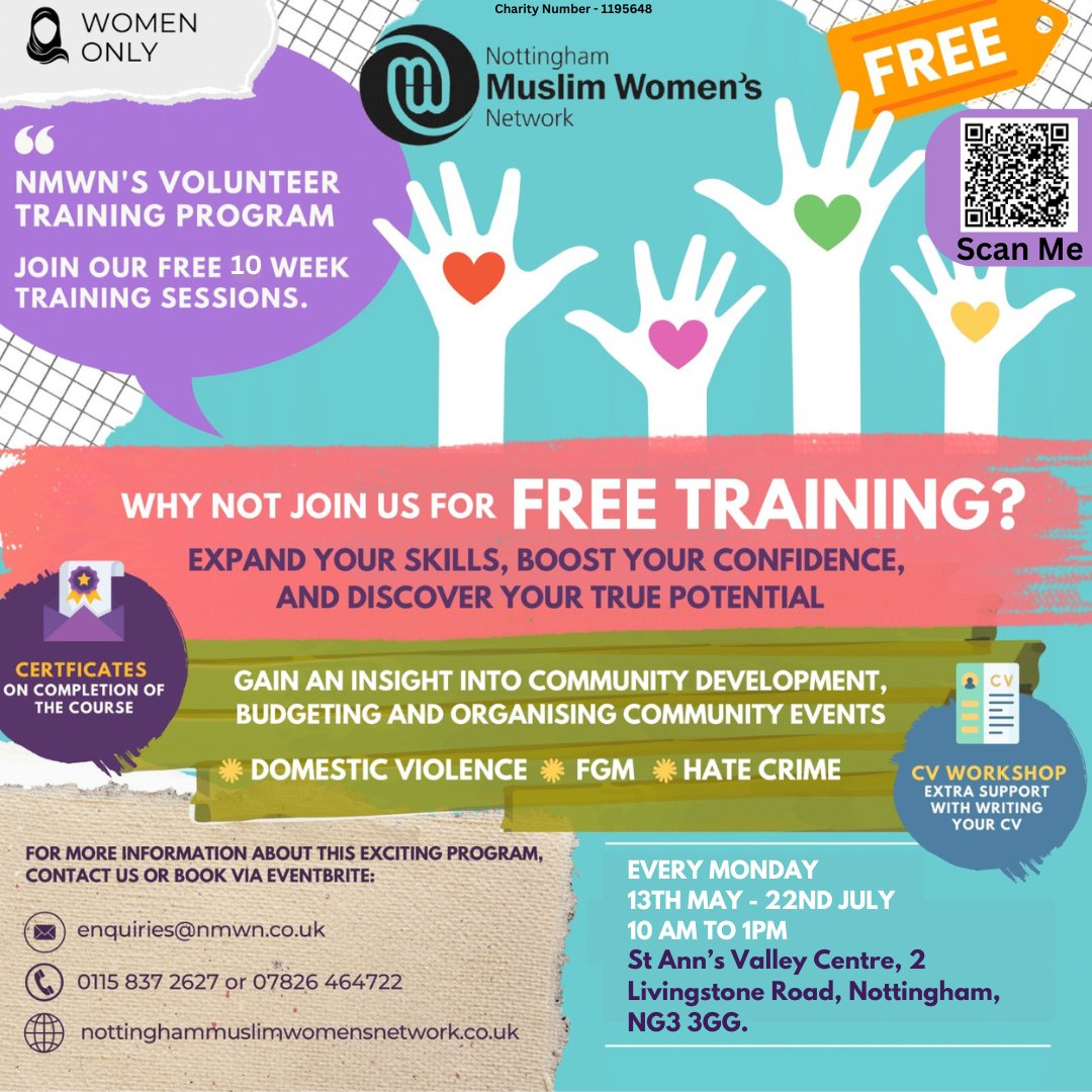 📢 🚺Calling All Women!🚺 📢

🆓Join NMWN's FREE VOLUNTEER TRAINING PROGRAMME!!
please sign up now!
✍️To register use the link below, or scan the QR code on the poster.
eventbrite.co.uk/e/volunteer-tr…

#women #muslimwomen #nottinghamwomen  #volunteering #volunteertraining #muslimwomen