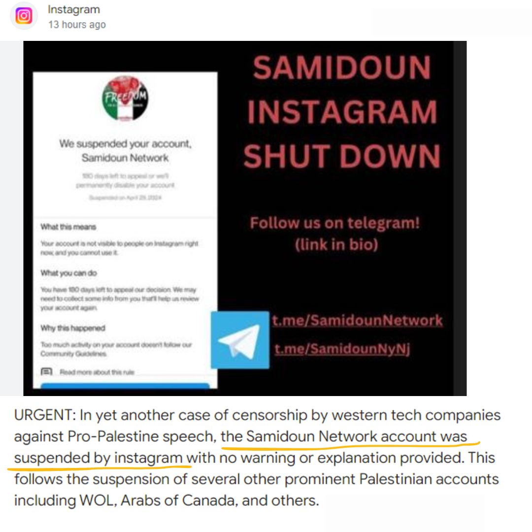 Here’s a terror-linked NGO complaining that Meta is cracking down on their accounts. The terror-linked NGO Samidoun, one of the orgs behind the violent, antisemitic protests raging throughout college campuses - is now banned from Instagram.