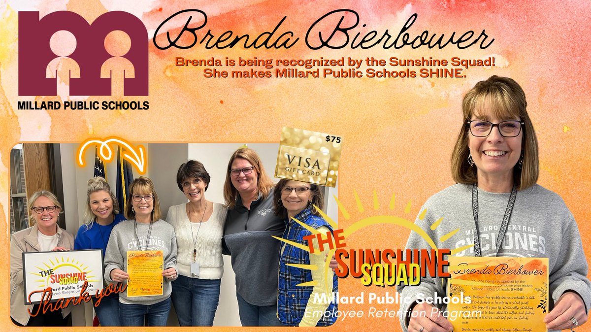 MPSHR's tweet photo. The Sunshine Squad awarded Brenda a $75 VISA Gift Card! Brenda has quickly become invaluable to our staff and students as a school social worker. We want her to know how much we value and appreciate her support at Hitchcock. #Proud2bMPS #SHINEwithMPS #MillardPS @hitchcock_mps https://t.co/ncUiRR0eKe