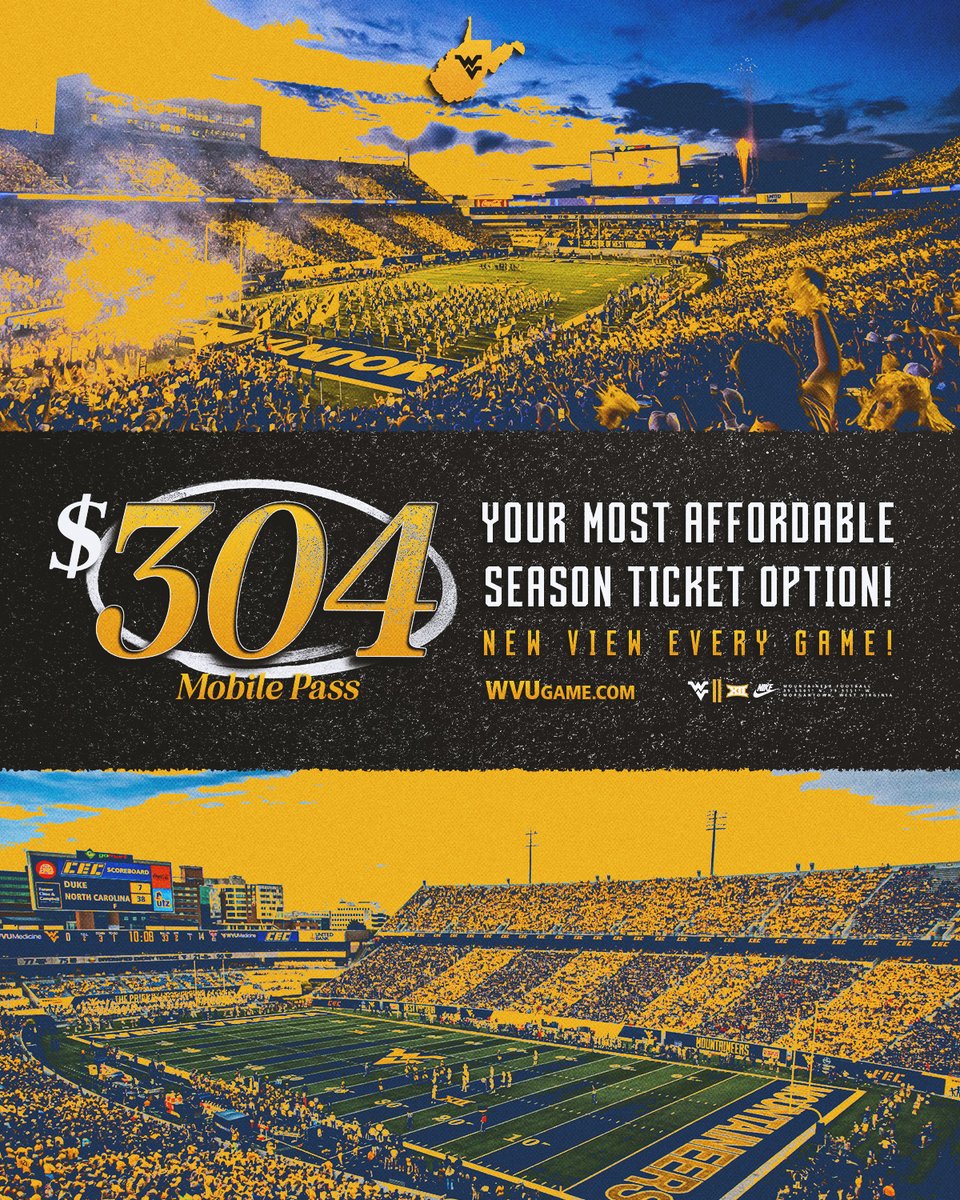 The 𝟯𝟬𝟰 𝗠𝗼𝗯𝗶𝗹𝗲 𝗣𝗮𝘀𝘀 is now available! Your most affordable WVU football season ticket! BUY NOW for only $304 🏈 🔗 tinyurl.com/yv334wck 🎟️ wvuga.me/304mobilepassx #HailWV