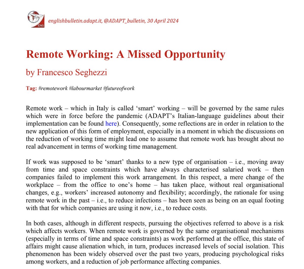 '#RemoteWorking: A Missed Opportunity' by @francescoseghez englishbulletin.adapt.it/remote-working… via #ADAPTInternational bulletin w/@WECglobal Issue 4/20244