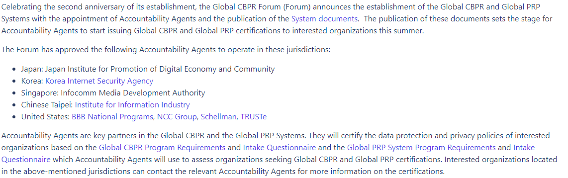Global data gov development: Launch of the Global Cross-Border Privacy Rules (CBPR) & Global PRP Systems. Accountability Agents (designated auditors in each ctry) will start certifying firms shortly. Still a long way to go, but it's up & running: bit.ly/44o5vOS A short🧵