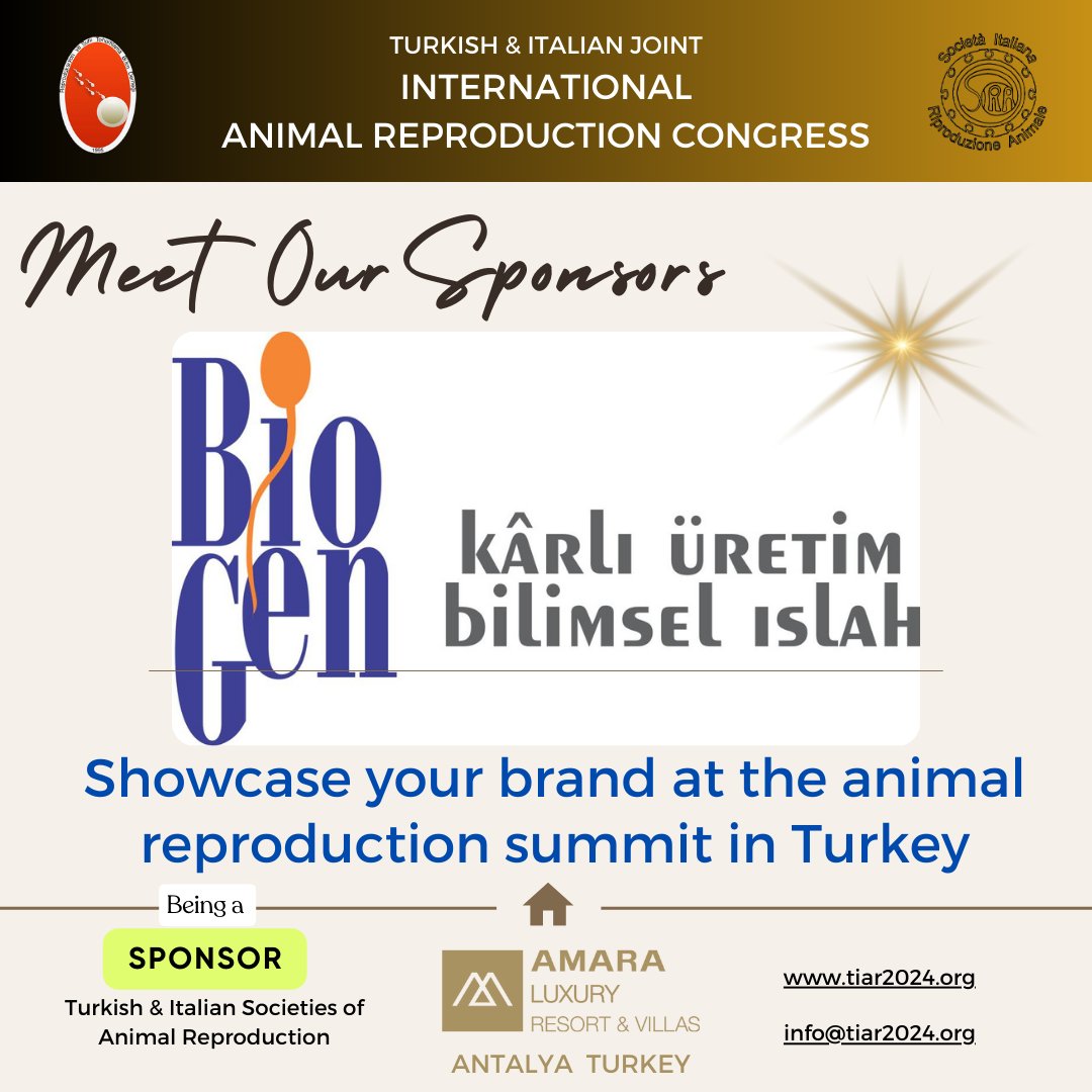 Meet our sponsor: BIOGEN!
@BiogenHayvan

🌐 tiar2024.org
#tiar2024
#repbil
#sira
#turkishitalianvetcongress #frontiersinanimalsci #vetbiotechandrology #animalreprobiotech2024 #animalreprocongress #VetMedConference #reproductivebiology2024
