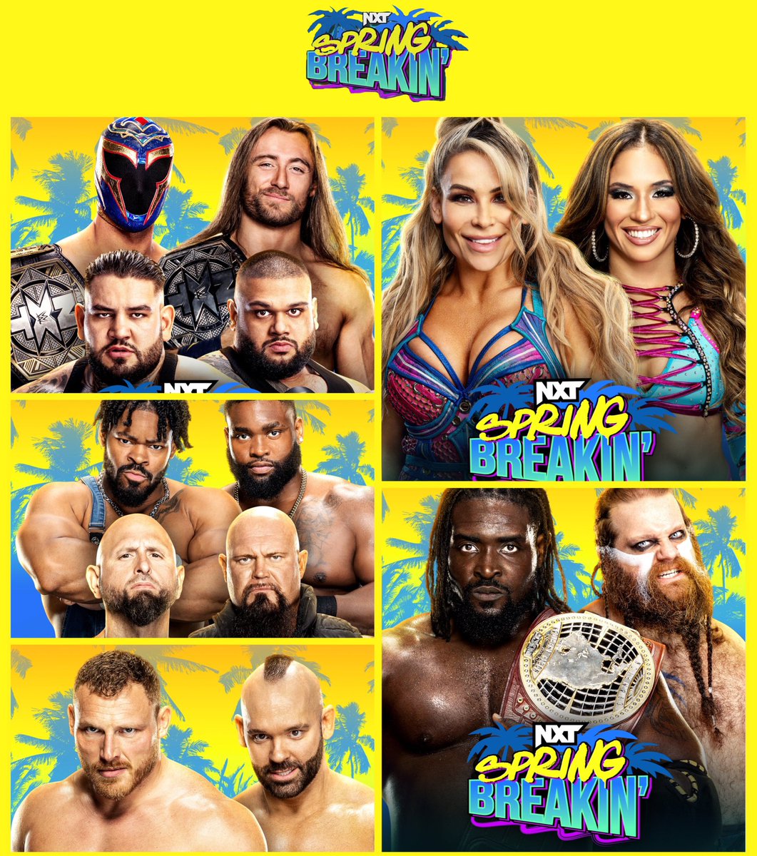 TONIGHT on #WWENXT 🌴
It’s Night 2 of #NXTSpringBreakin!

#NXTUnderground
@NatbyNature v @lolavicewwe

#NATitle @Obaofwwe v @Ivar_WWE

@RidgeWWE v @ShawnSpears

@Axiom_WWE & @WWEFrazer v AOP

@MachineGunKA & @The_BigLG v @TyriekIgwe_WWE & @_Tysonwwe_ 

8pm on @USANetwork 📺