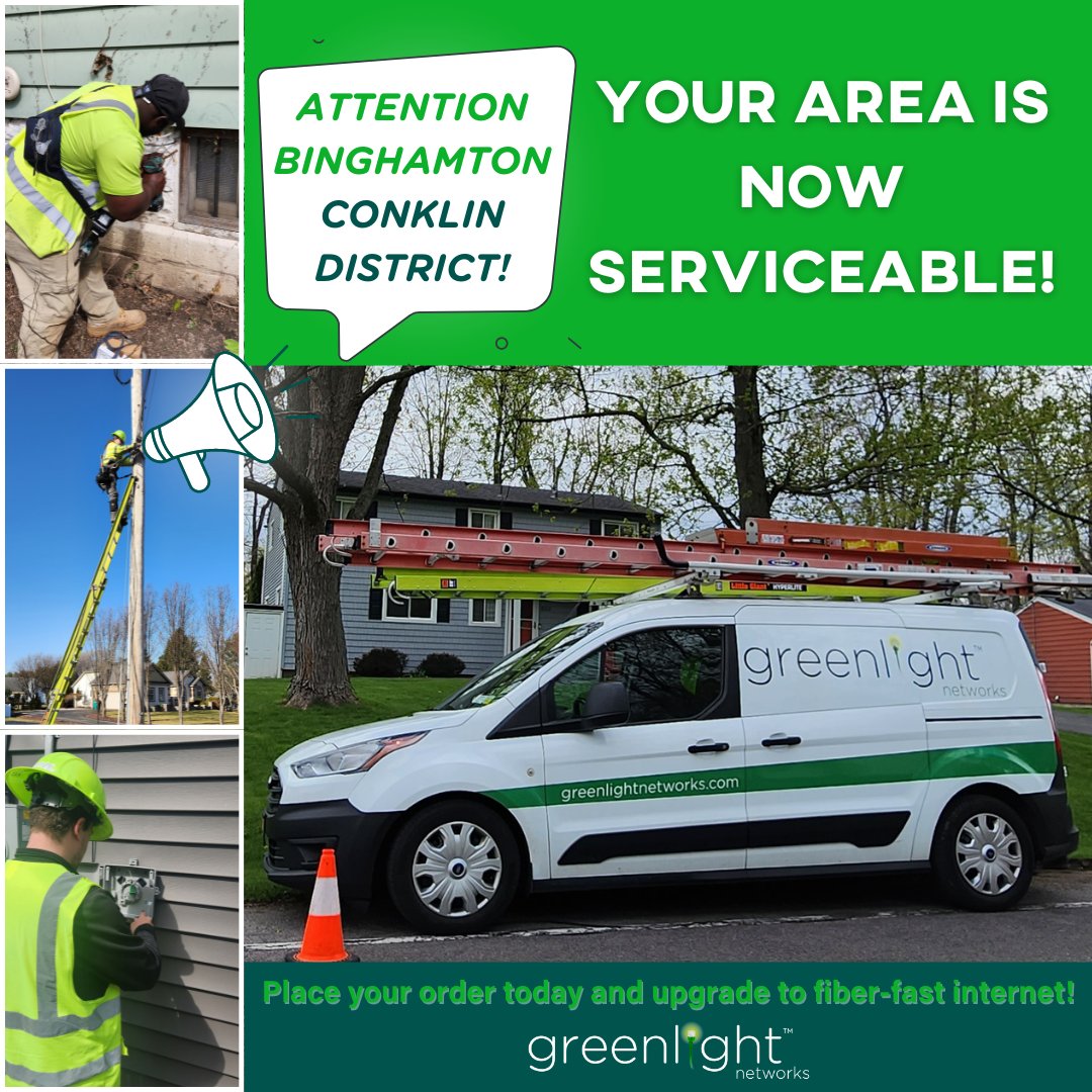 🚨 Attention Binghamton Conklin District - Your area is now serviceable! 🎉 Place your order TODAY and join your neighbors in experiencing fiber-fast internet from Greenlight Networks: hubs.ly/Q02vwm8R0 #GreenlightNetworks #FiberInternet #BinghamtonNY