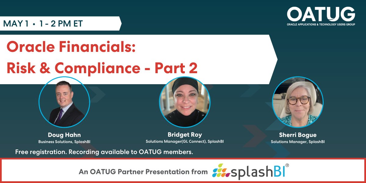 Tomorrow! Learn the secrets to bolster your financial analysis in this session from @splashbi: Oracle Financials - Risk & Compliance, Part 2, May 1 at 1 pm ET. Learn more: ow.ly/bl1m50ReWG2 #Analytics #CloudERP #OracleEBS