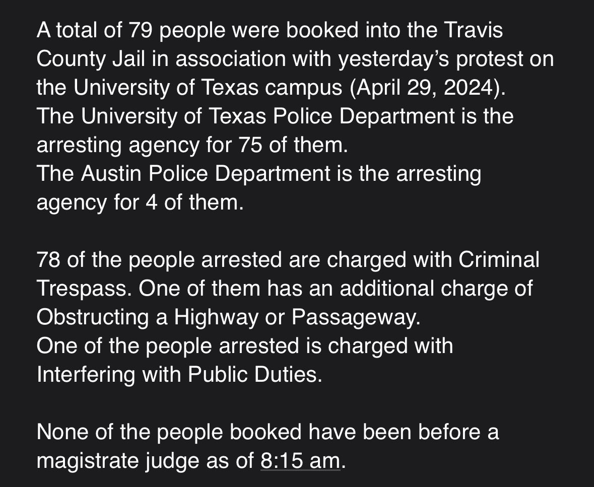 NEW: The @TravisCoSheriff says 79 people were booked on charges related to yesterday’s protest at @UTAustin. They are all still in jail at this point.