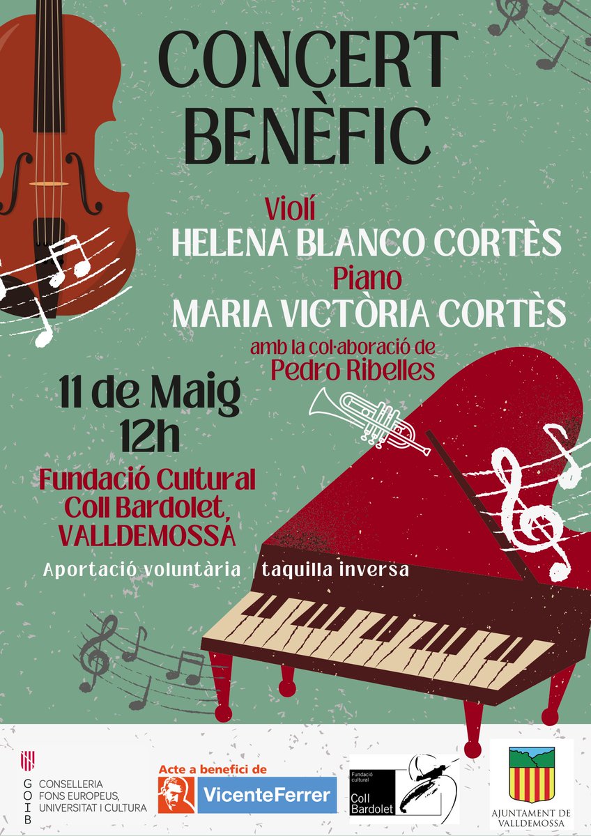 Concert a benefici de la Fundació Vicente Ferrer a càrrec de:
Helena Blanco Cortès (violí)
Maria Victòria Cortés (piano)
I amb la col·laboració de Pedro Ribelles

Aportació voluntària, taquilla inversa.
Dissabte 4 de maig a les 12h, us esperem!