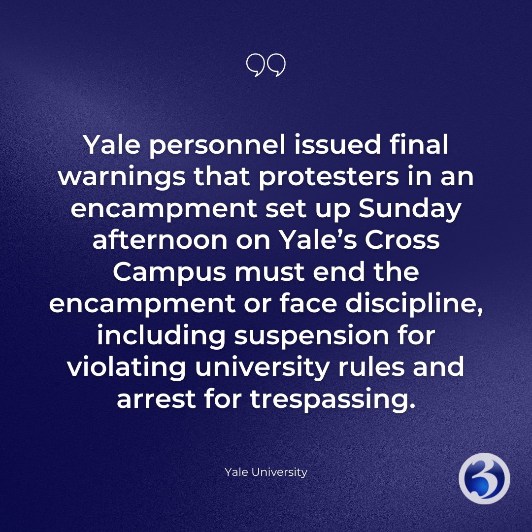 #Yale released a statement on the breakup of the protest on its Cross Campus. What it said about possible arrests: wfsb.com/2024/04/29/yal…