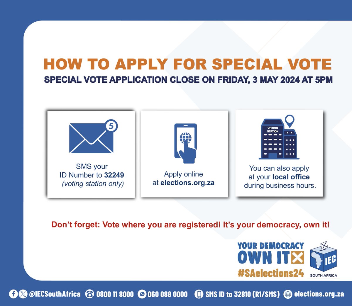 ⏰Time is running out! Apply for your special vote by Friday, 3 May 2024. Home visits are for those who can't travel, and special voting at stations is for those who can't be there on Election Day. Remember, there's NO age-based access—everyone must apply! #SAelection24