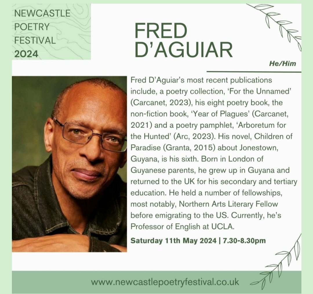 Our author Fred D'Aguiar will be reading from 'Arboretum for the Hunted' at this year's Newcastle Poetry Festival on Saturday 11th May 🎙️For more info click here 👉🏻newcastlepoetryfestival.co.uk/fred-daguiar/ . . . Check out Arboretum for the Hunted here 📚arcpublications.co.uk/books/fred-dag…