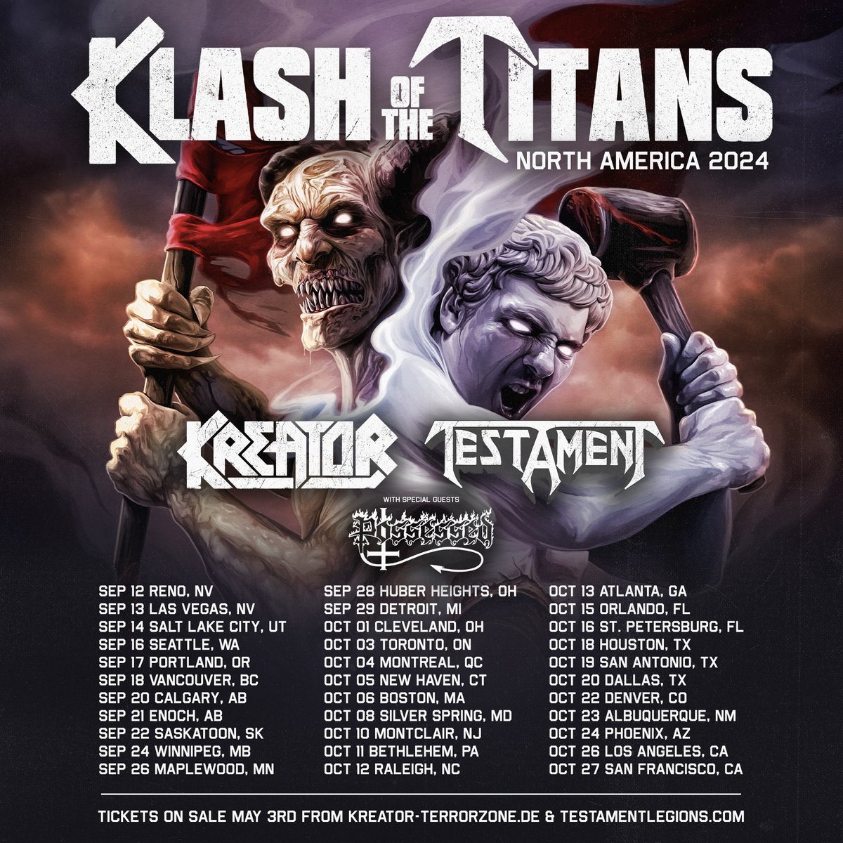 Klash Of The Titans RETURNS to North America 🇺🇸🇨🇦 We’re proud to bring a second edition of the Klash Of The Titans to North America! This time we’re joined by the US thrash masters, @testament and one of our favourite bands in the world, Possessed. Tickets on sale May 3rd 🔥