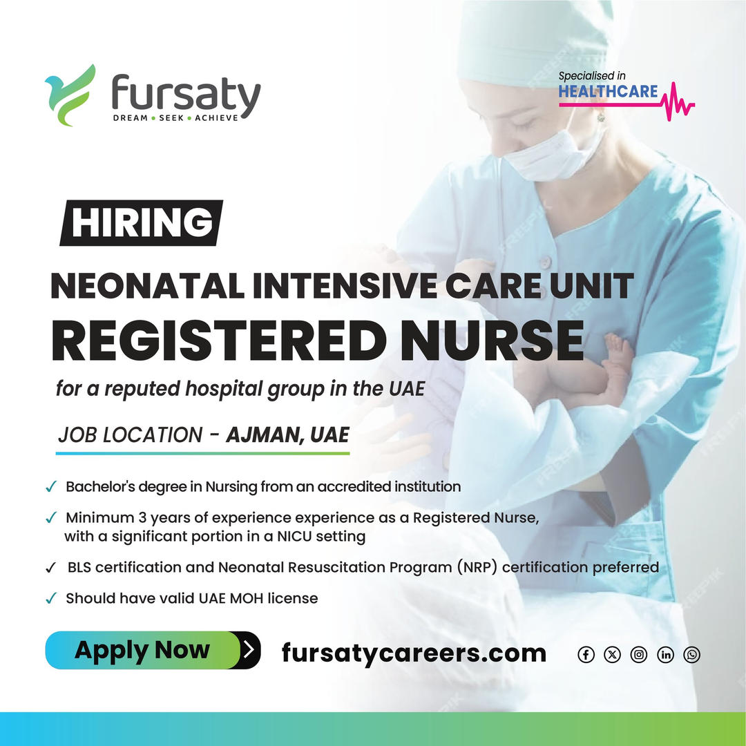 📢 #JobAlert #RegisteredNurse - Neonatal Intensive Care Unit (NICU) for a reputed hospital group in the UAE 📍Job Location - Ajman, UAE.

📌 Visit #FursatyCareers Website for more details and #ApplyNow!
🔗 fursatycareers.com/en/jobs/neonat…