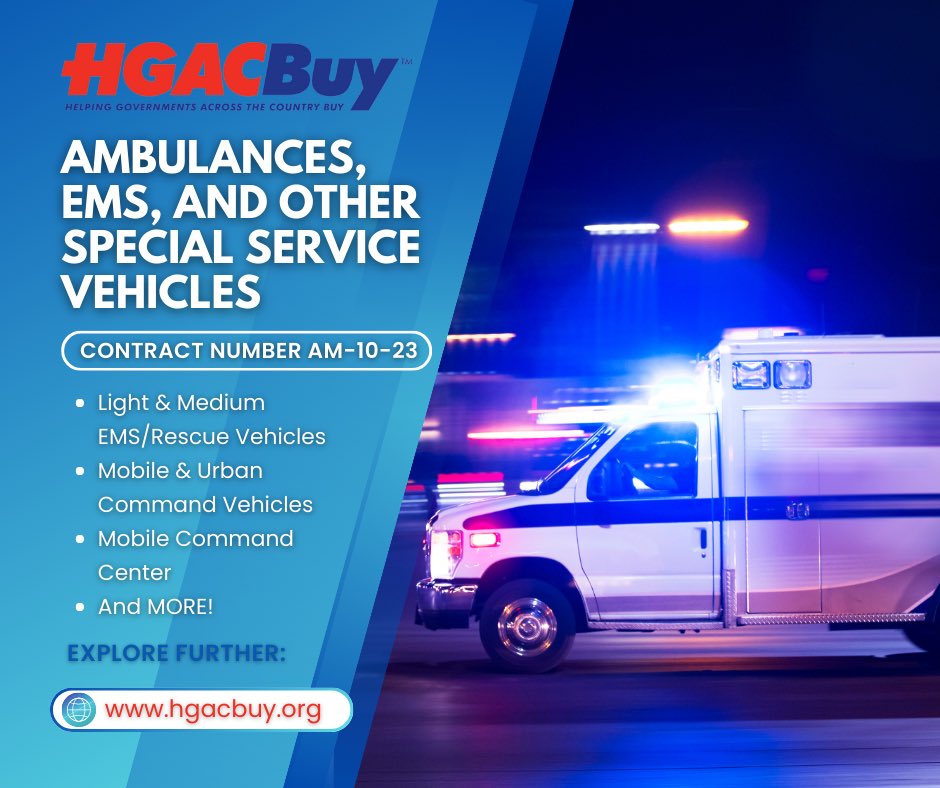 Answer the call with competitively solicited Contract AM10-23! HGACBuy delivers top-tier ambulances, EMS, and special service vehicles, ensuring your team is always equipped for every mission. Drive excellence in emergency services with HGACBuy! #HGACBuy #CooperativePurchasing