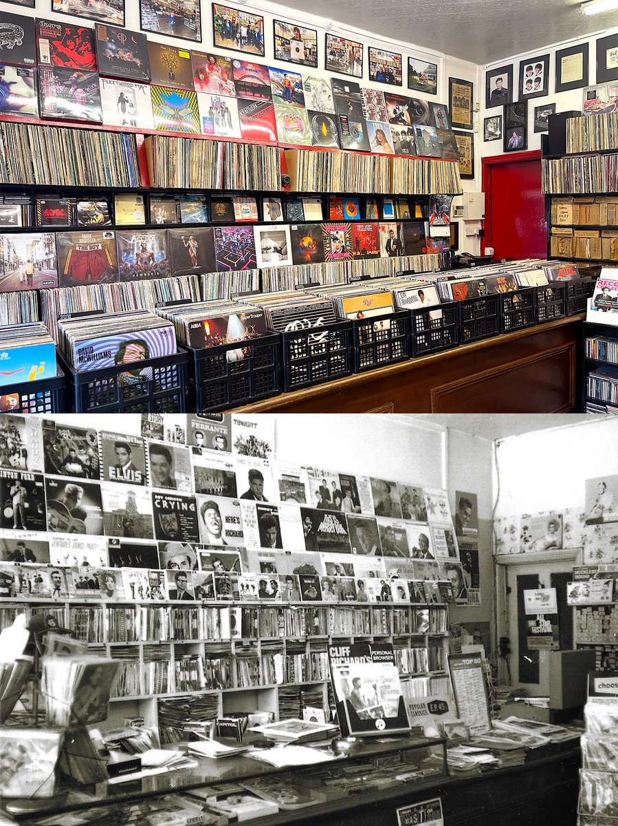 Now and then! 2024-1963 July of 1963. Near the top of the display you may notice the Twist & Shout single and This Is Merseybeat LP which had just been released! Harmonicas, guitar strings and sheet music all under the counter with Dinky toys stacked on display up the back wall!