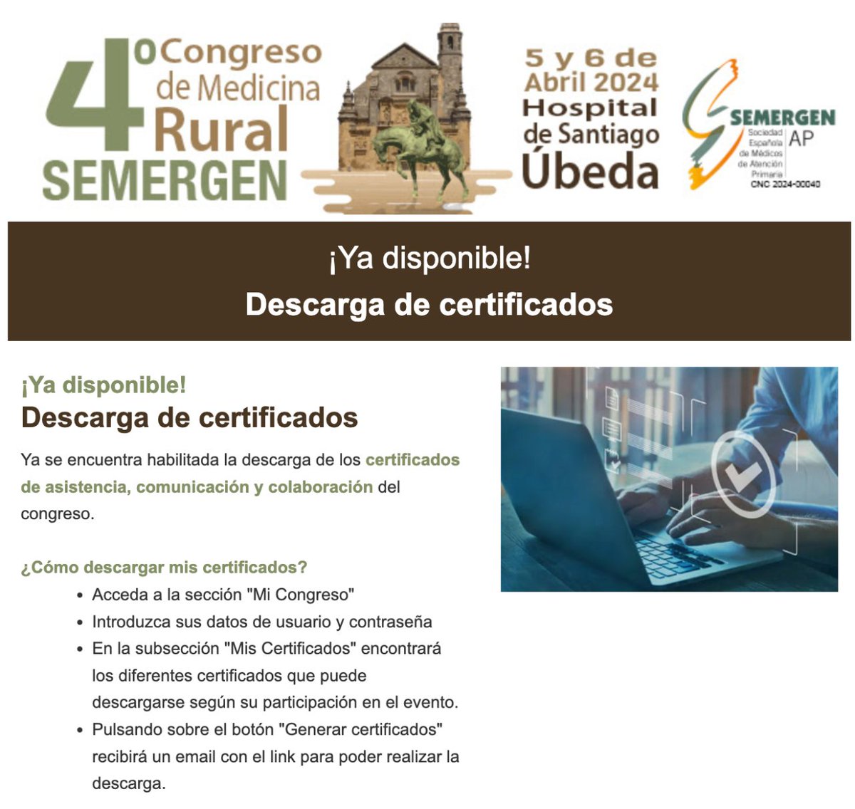 👉Ya puedes descargar tu certificado del 4ª Congreso de Medicina Rural de SEMERGEN. i.mtr.cool/dtrjkqvvgf #SEMERGENRural24