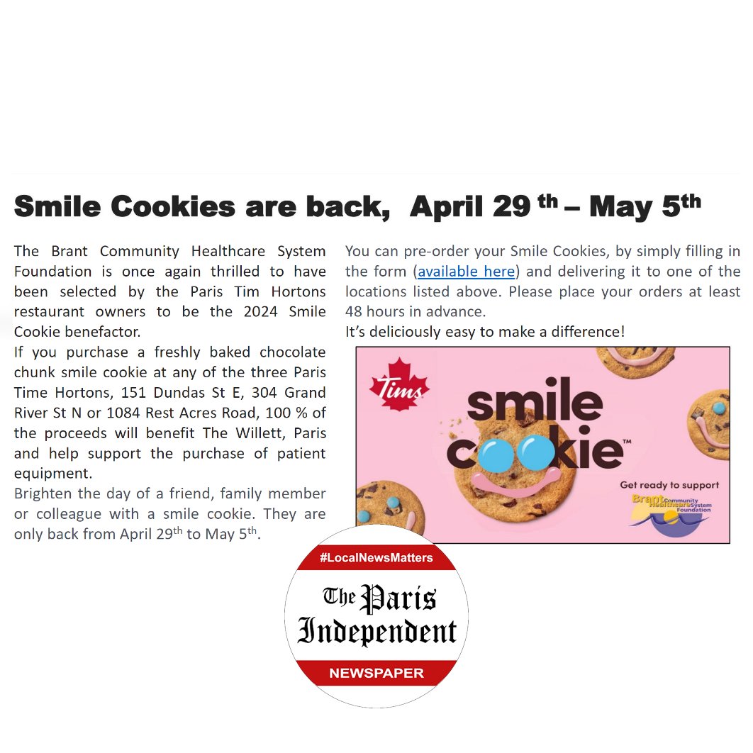 Thank you to the @theparisindependent for their coverage of the 2024 Smile Cookie campaign! Visit a @TimHortonsParis location at 151 Dundas St E, 304 Grand River St N, or 1084 Rest Acres Rd and buy a #SmileCookie to support the @bchsys at the Willett, Paris!