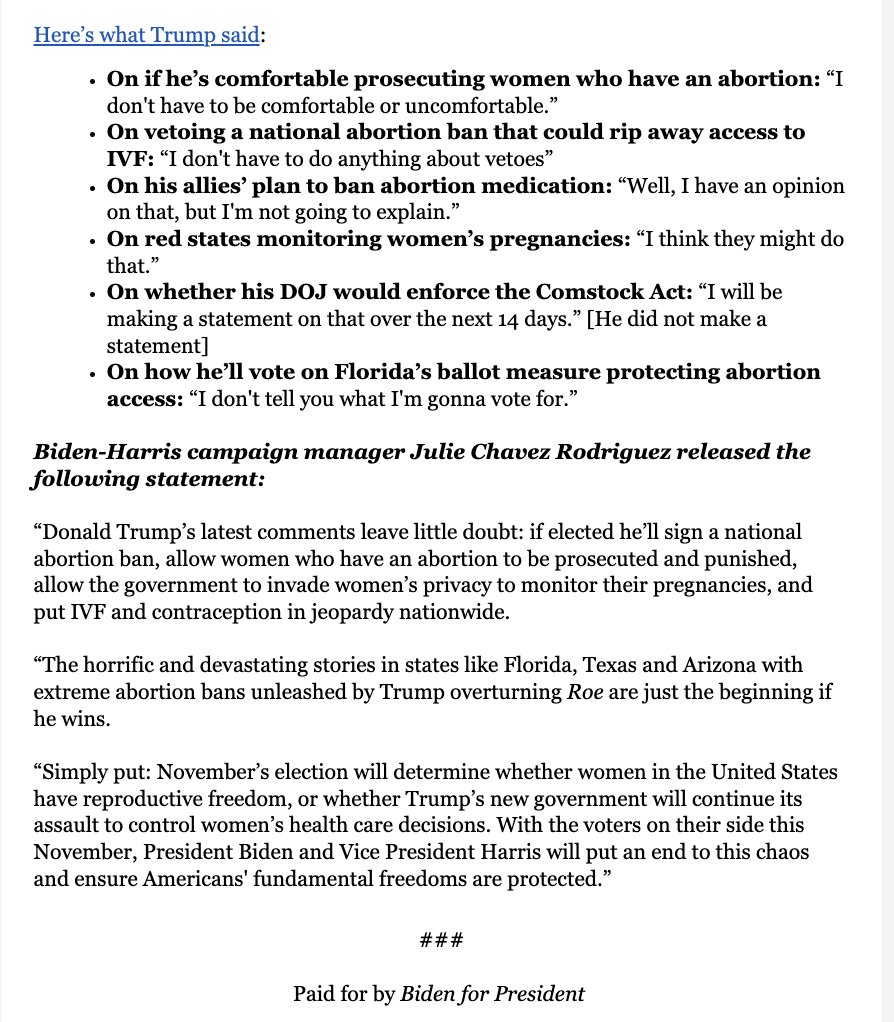 NEW from @JulieR2022 >>“Trump’s latest comments leave little doubt: if elected he’ll sign a national abortion ban, allow women who have an abortion to be prosecuted and punished, allow the government to invade women’s privacy...& put IVF and contraception in jeopardy nationwide.'