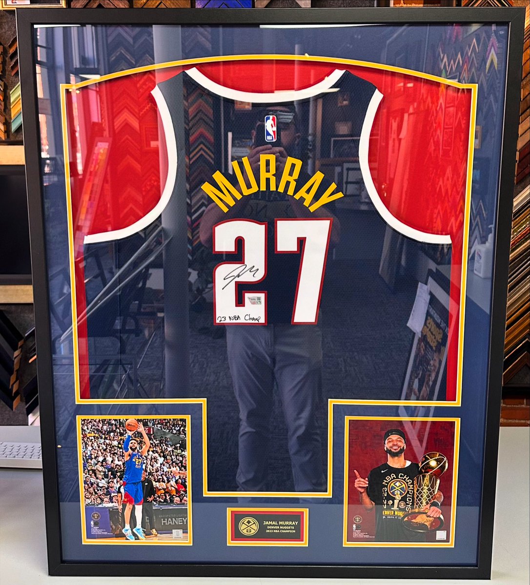 🏀⚒️ @BeMore27 made a shot… again! What a nail biter last night! Come celebrate your @nuggets fandom with a custom framed jersey by Denver’s sports framing experts! #5280customframing #jerseyframing #sportsframing #jamalmurray #nuggets #nba @truvueglazing @BallArenaDenver