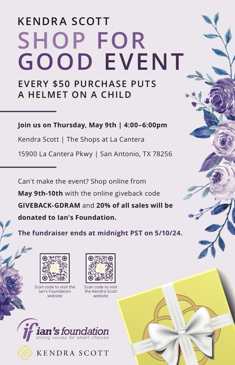 Shop Kendra Scott La Cantera Thurs 5/9 from 4-6PM &amp; 20% of all purchases will go to Ian’s Foundation! Can’t make the event? You can shop online from 5/9-5/10 with the online promo code GIVEBACK-GDRAM. All sales apply! See flyer for details. Thank you! 💜