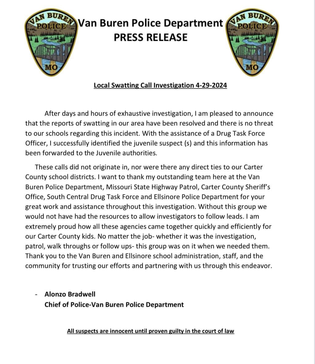RsullivanUs's tweet photo. The Swatting concern for Carter County has been resolved! https://t.co/ea2Pcu726i