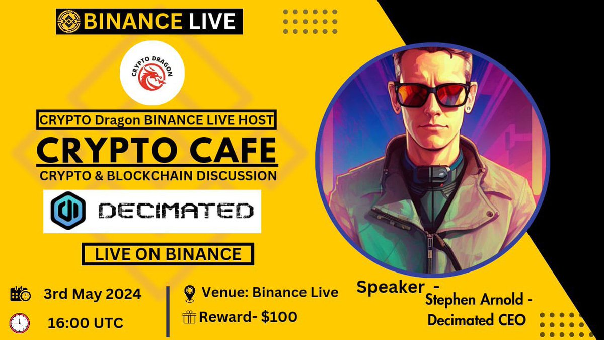 We're pleased to announce our next #BINANCE_LIVE #AMA Decimated on 3rd May 16:00 UTC 2024
💰Reward: $100
🏠Venue: binance.com/en/live/u/2441…
〽️Rules:
1⃣ Follow
@CryptoDragonAMA &
@decimated_game 
2⃣Like & RT
3⃣Comment Questions & Tag 3 Friends Max 5 questions