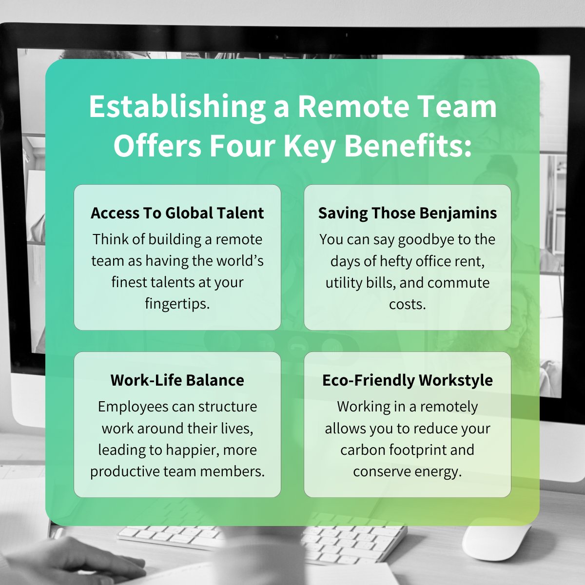 Embracing #remote teams isn't just convenient; it's a gateway to endless possibilities. From global talent to eco-friendly practices, remote collaboration offers many advantages. Each #virtual connection paves the way for a more efficient, #inclusive, and eco-conscious workstyle.
