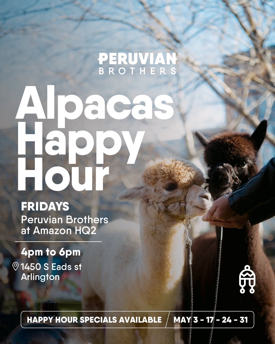 𝗔𝘁𝘁𝗲𝗻𝘁𝗶𝗼𝗻 𝗔𝗹𝗽𝗮𝗰𝗮 𝗟𝗼𝘃𝗲𝗿𝘀!⁣ ⁣ Peruvian Brothers will have live alpacas outside our Amazon HQ2 location every Friday this month (except Mother’s Day weekend) 💐⁣ ⁣ Come by this Friday from 4pm-6pm for our first Alpaca Happy Hour!!!!⁣⁣ ⁣ #PeruvianBrothers