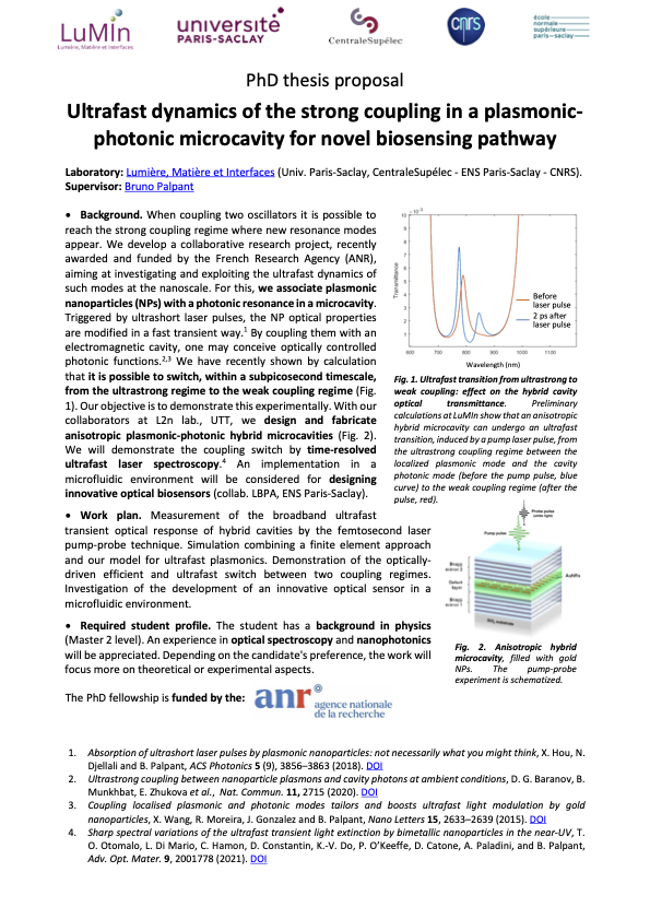 #PhD position in ultrafast dynamics of the strong coupling in a plasmonic-photonic microcavity for novel biosensing pathway at LuMIn lab @UnivParisSaclay @ENS_ParisSaclay @CNRS @centralesupelec